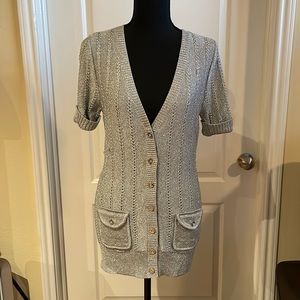 Women Short Sleeve Cardigan. Silver w metallic threads.  M